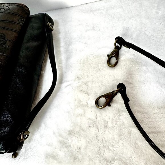 Atelier V Cuir Brown Black Daisy Embossed Leather Shoulder Wallet Clutch Purse W - Picture 16 of 16